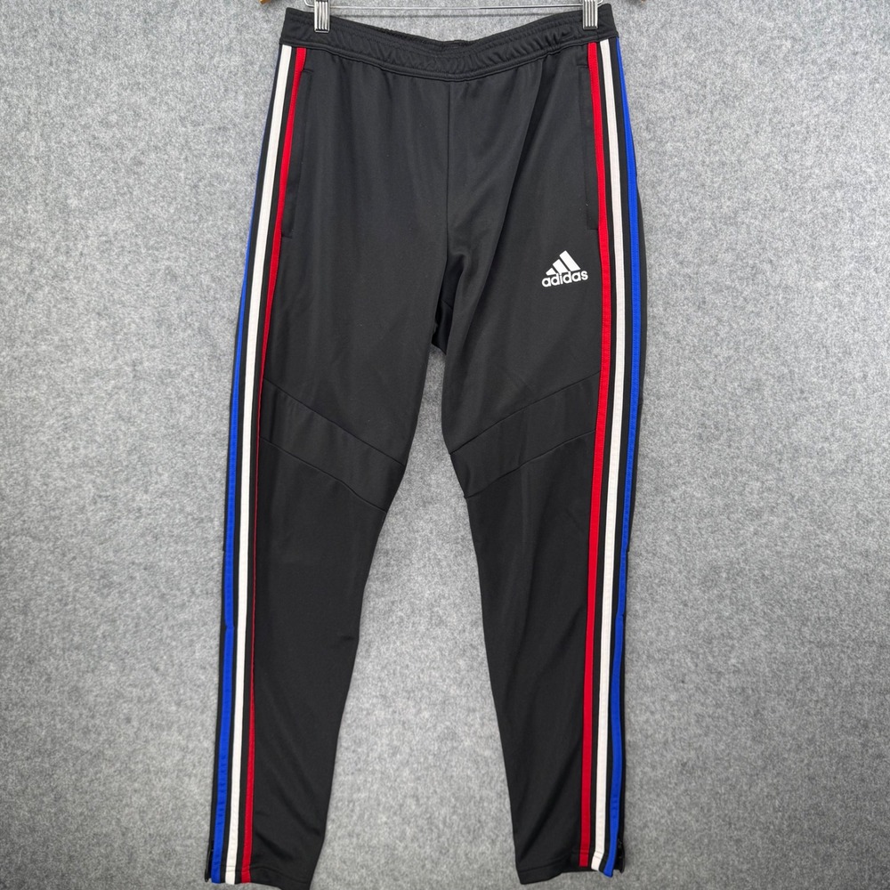 Adidas Track Pants Mens M Black Red Blue 28" Inseam Side Stripe Tapered Leg